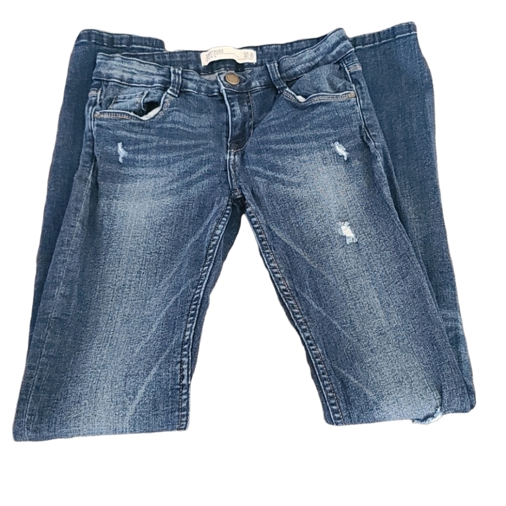 ZARA Trafaluc Distressed Skinny Jeans XS 2 Dark Wash Stretch Ripped Denim Y2K - Picture 5 of 16